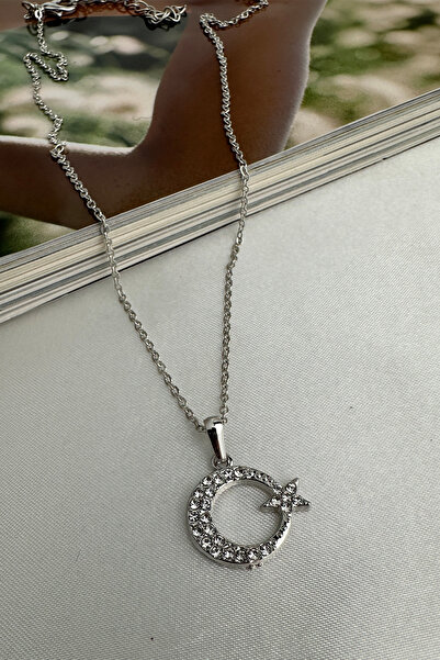 Modex Thin Chain Stone Embroidered Moon Star Necklace (40+5cm)