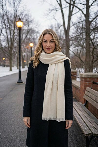 AFVENTE Χειμερινό μονόχρωμο μπεζ κασκόλ ώμου