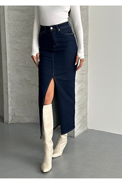 Marlix Jeans Koyu Mavi Uzun Maxi Boy Denim likralı yırtmaçlı Dar Kalıplı Uzun Boy Normal Belli Kadın Kot Etek