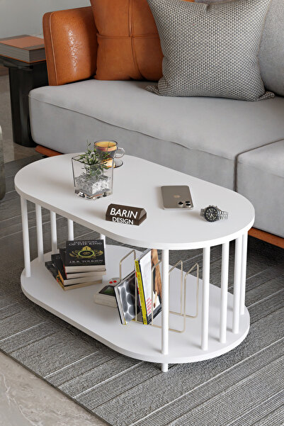 BARIN DESIGN Modern Oval Orta Sehpa Çift Katlı Metal Ayaklı Salon, Ofis, Deko...