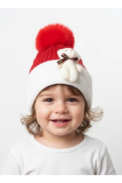 gigigiyim Double Color Unisex Children's Beanie with Pompom and Teddy Bear