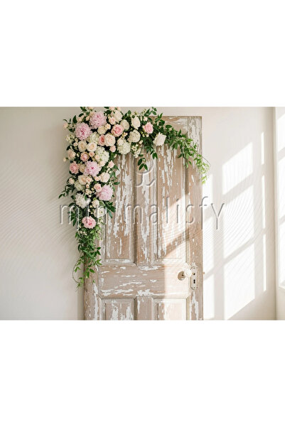 Minimalisfy Zarif Pembe Beyaz Çiçekli Rustik Eskitme Ahşap Kapı Stüdyo Arka P...