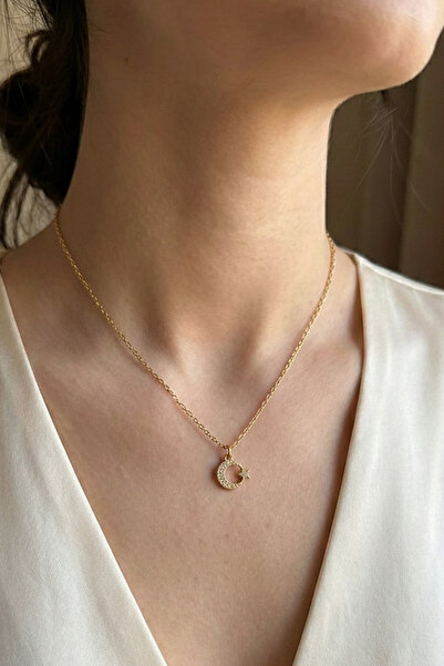 Modex Thin Chain Stone Minimal Moon Star Necklace (40+5cm)