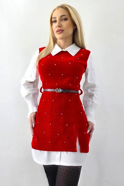 FashionForYou Rochie tip cămașă Iuliana, cu rochie de vară cu aplicații și curea asortată, Roșu intens, Mărime S/M