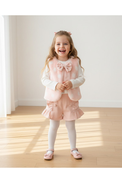 My Lusa baby wear Banu's Polka Dot Bow Plush Vest & Knitwear and Shorts Set - (Ages 2-5)