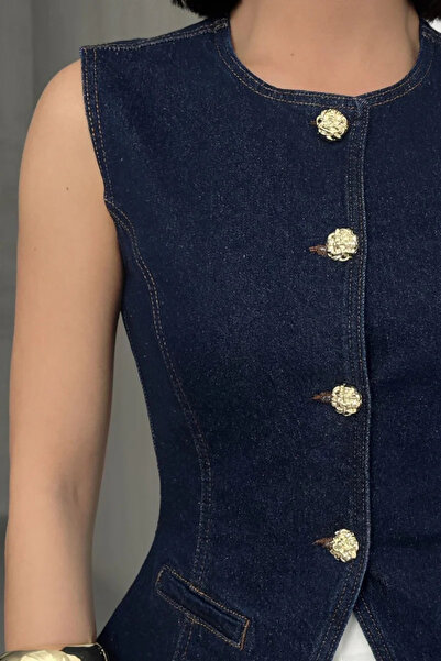 Coşkun GİYİM Women's Buttoned Waistcoat with Waist Adjustment Dark Blue 6086-17