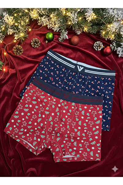 Serena Set of 2 Men's Boxers – Christmas Print, Navy Blue & Red