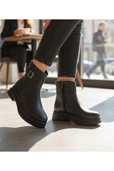 ZAYMON , Kadın Ayakkabı İthal Toka Aksesuarlı Fermuarlı Günlük Siyah Cilt Bot