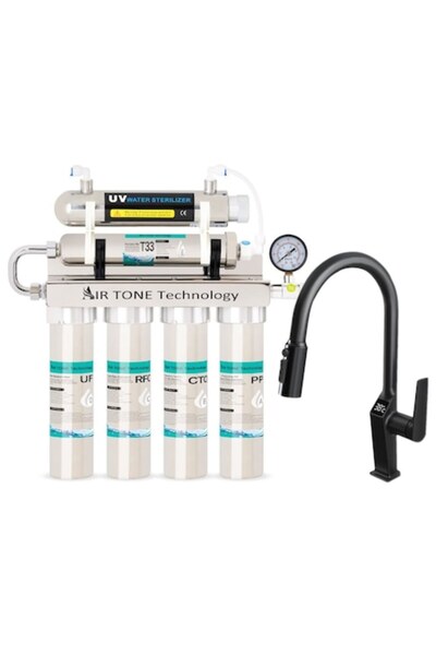 Air Tone Technology Filtru de apă din inox, 5 etape + UV (6W), 0,01 µm, robinet cu 3 căi