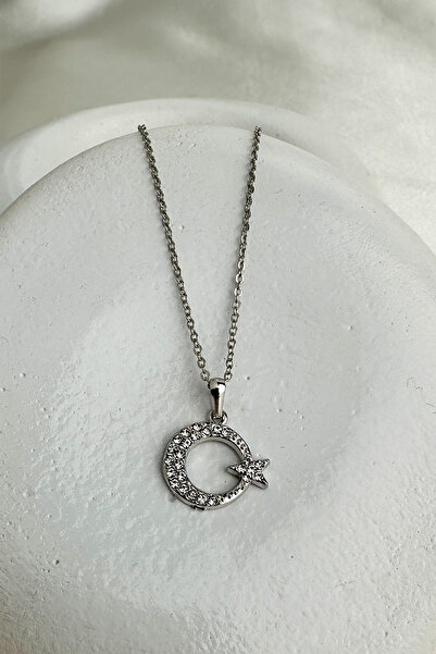 Modex Thin Chain Stone Embroidered Moon Star Necklace (40+5cm)