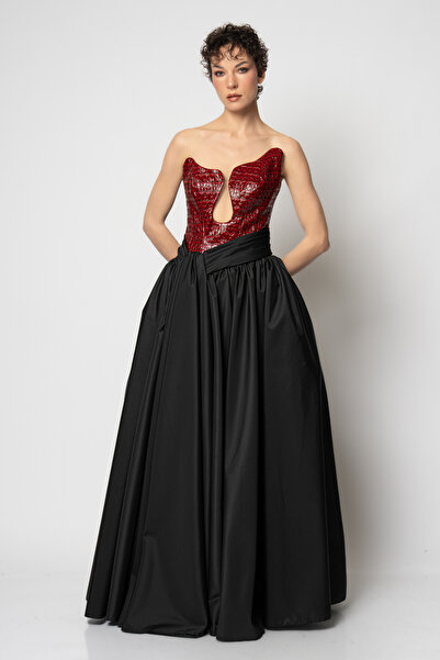 RENGIN Deri büstiyerli belden parça detaylı tafta etekli abiye elbise