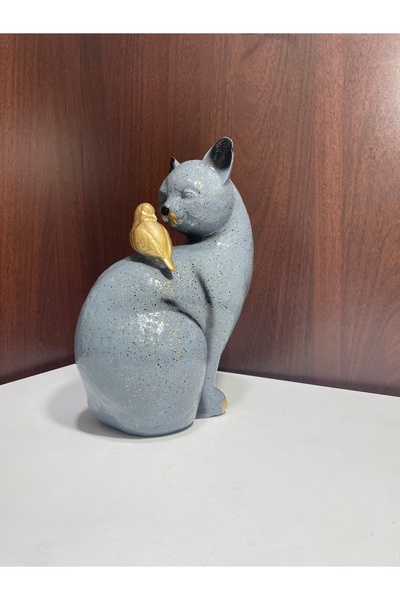 TEZ Dekoretif-KUŞLU KEDİ-Duman Renkli Biblo Aksesuar