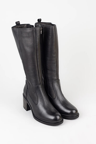 Adım Adım Women's Genuine Leather Heeled Boots with Elastic Sides and Zipper