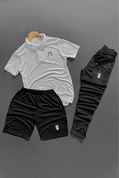 NOFLEN Polo Yaka Italy Printed 3-Piece Shorts and Sweatpants Set