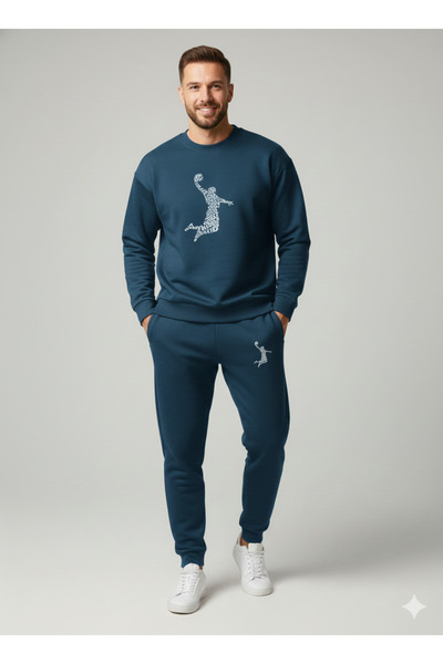 NİCE Three Thread Compact Crew Neck Inner Cotton Basketballer B Printed Premium O Oversized Tracksuit Set