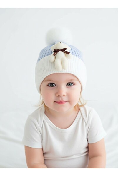 gigigiyim Double Color Unisex Children's Beanie with Pompom and Teddy Bear