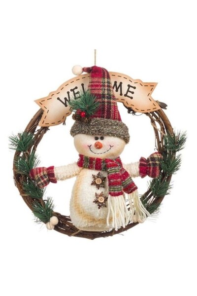 AB HOMES Coroană de Crăciun suspendată din lemn cu om de zăpadă „Bun venit”, ...