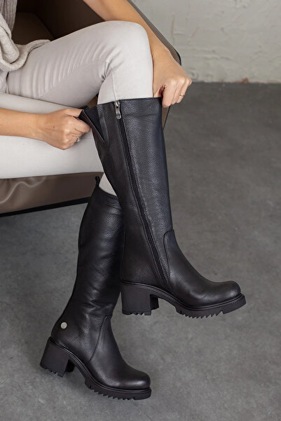 Adım Adım Women's Genuine Leather Elastic and Zippered Heeled Boots