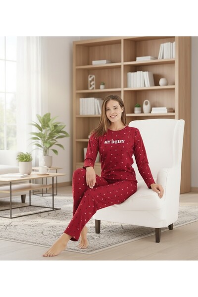 victoria kiss طقم بيجامة مزخرف بالزهور من قماش الوافل بأكمام طويلة خاص بعيد ا...