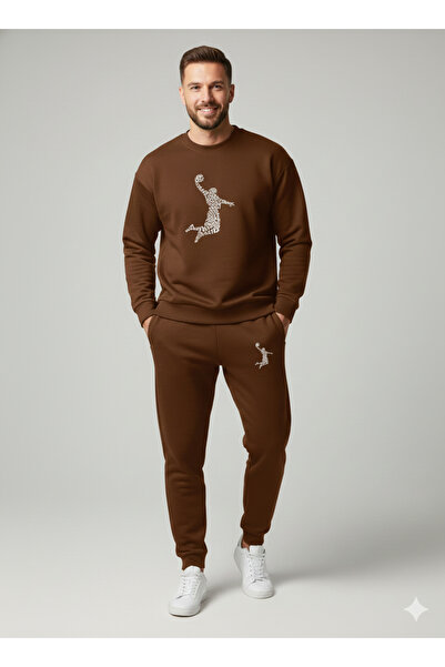 NİCE Three Thread Compact Crew Neck Inner Cotton Basketballer B Printed Premium O Oversized Tracksuit Set