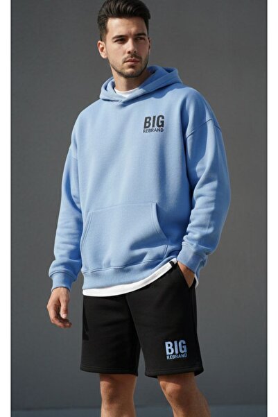 REBRAND Fleece-Lined Sweatpants Shorts Set Printed Oversized Hooded Sweatshirt Thick 3 Yarn