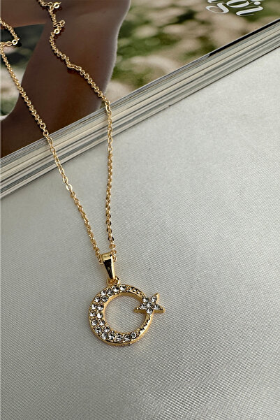 Modex Thin Chain Stone Embroidered Moon Star Necklace (40+5cm)