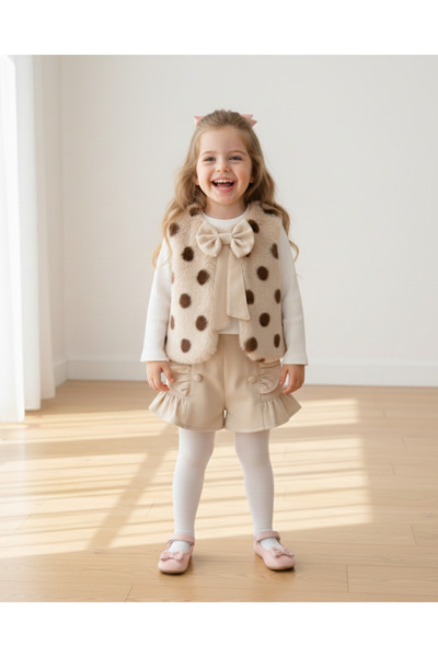 My Lusa baby wear Banu's Polka Dot Bow Plush Vest & Knitwear and Shorts Set - (Ages 2-5)