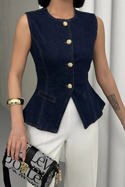 Coşkun GİYİM Women's Buttoned Waistcoat with Waist Adjustment Dark Blue 6086-17