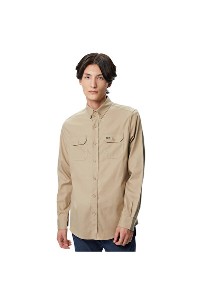 Lacoste Men's Slim Fit Button Collar Beige Shirt Ch2408 - 08K