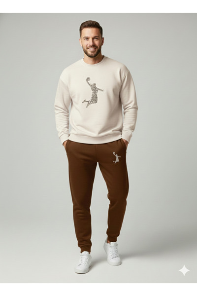 NİCE Three Thread Compact Crew Neck Inner Cotton Basketballer B Printed Premium O Oversized Tracksuit Set