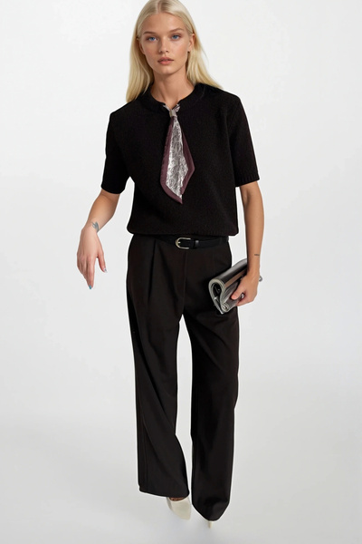 Black Fashion Scarf Detail Half Sleeve Brown Knitwear Blouse