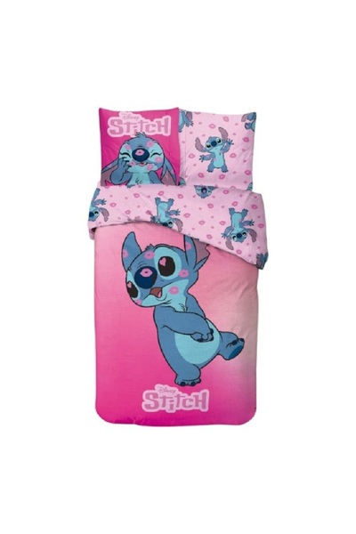 Disney Bed linen set, 100% cotton, 2 pieces, 140x200 cm, 65x65 cm, pink, Happy, Stitch