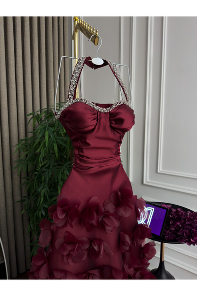 Generic Luxury Mikado evening gown with hand embroidery - 3D roses - mermaid design in royal burgundy