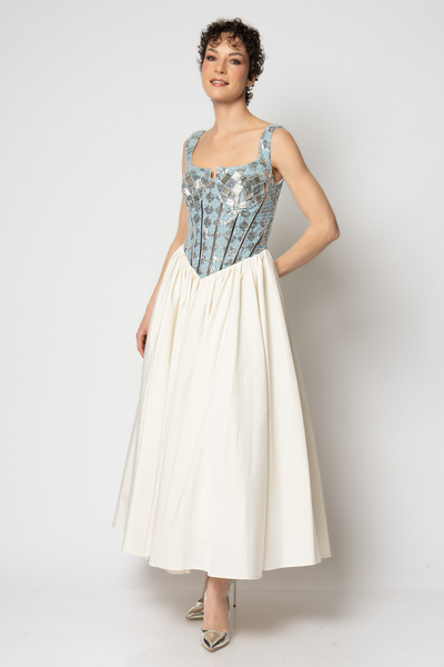 RENGIN Üstü kot kumaşa boncuk işlemeli tafta etekli abiye elbise