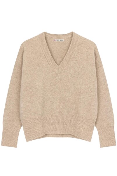 Mixray 6996 Women's V-Neck Soft Knit Sweater Mink Marn