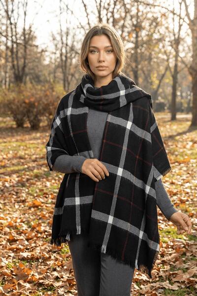 AFVENTE Χειμερινό καρό μοτίβο μαύρο κασκόλ σάλι