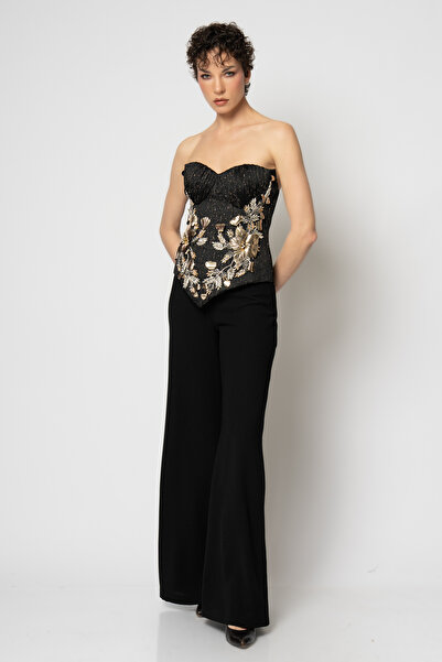 RENGIN Korsajı deri çiçekli simli büstiyer krep pantolon abiye takım