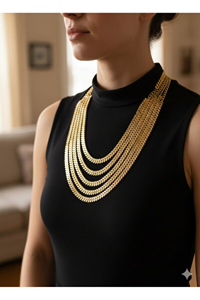 xmx Gold Renk 5 Sıralı Balıksırtı Model Çoklu Zincir Kadın Kolye