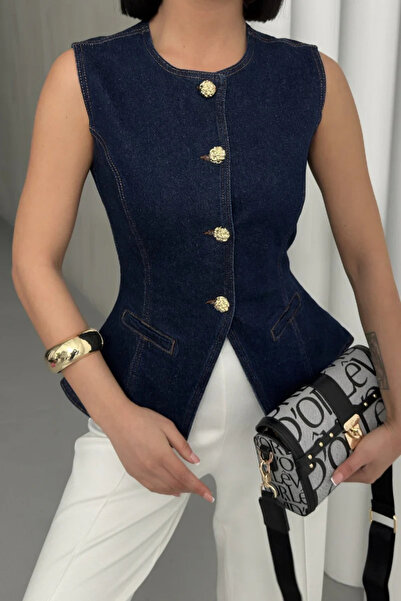 Coşkun GİYİM Women's Buttoned Waistcoat with Waist Adjustment Dark Blue 6086-17