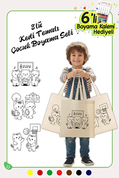 Çınar Bez Çanta 3 Adet Kedi Serisi Orta Boy Boyama Çantası