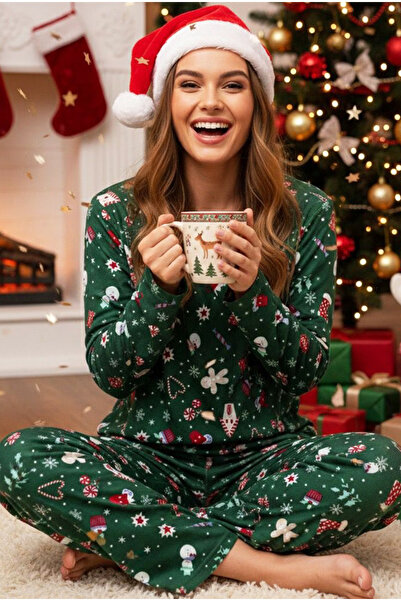 Siyah İnci πράσινο χριστουγεννιάτικο σετ πιτζάμες με μαλακή υφή σουέτ πλεκτό 7983