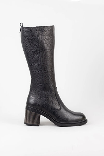 Adım Adım Women's Genuine Leather Heeled Boots with Elastic Sides and Zipper