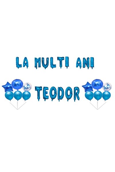 OEM Set de baloane „La mulți ani, Teodor”, decor tort, albastru, 35 buc