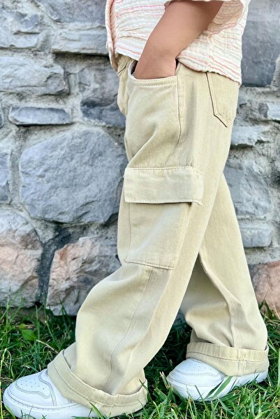 Breeze Girl's Gabardine Trousers Cargo Pocket Detailed 5-14 Years Old, Stone