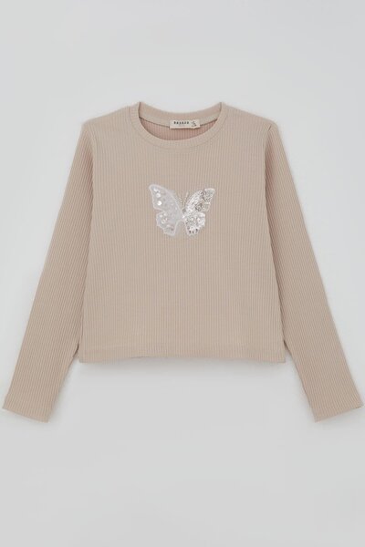 Breeze Girl's Long Sleeve T-Shirt with Butterfly Embroidery Detail, Sequins and Pearls, Ages 8-14, Beige