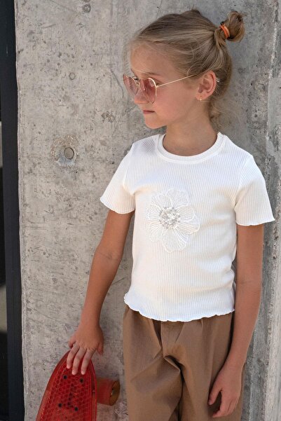 Breeze Girl's T-Shirt with Tulle Flower Embroidery, Beaded Accessories, Belt, Size 8-14 Years, Ecru