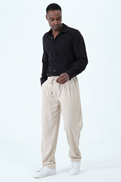 RELAXL Office Chic Pleated Lace-Up Elastic Waist Fabric Beige Baggy Pants