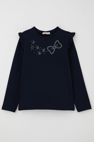 Breeze Tricou cu mânecă lungă pentru fetiță, cu detalii strălucitoare de broderie cu pietre, 4-10 ani, bleumarin