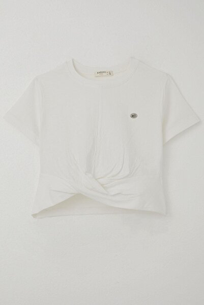 Breeze Girl's T-Shirt with Embroidered Belly Detail, Low-Cut Detail, Ages 9-16, Ecru