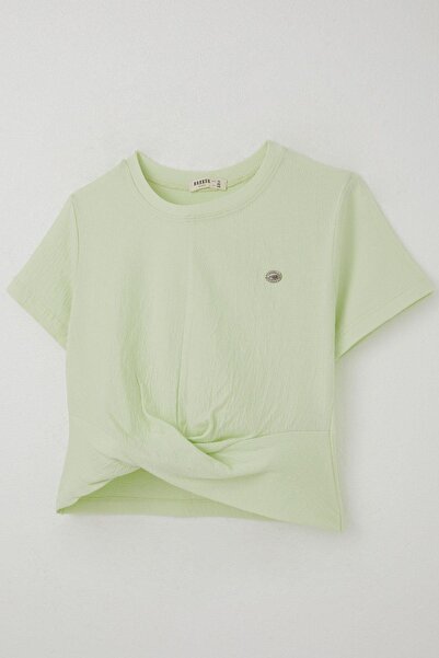 Breeze Girl's T-Shirt with Embroidered Belly Detail, Low-Cut Detail, Ages 9-16, Water Green